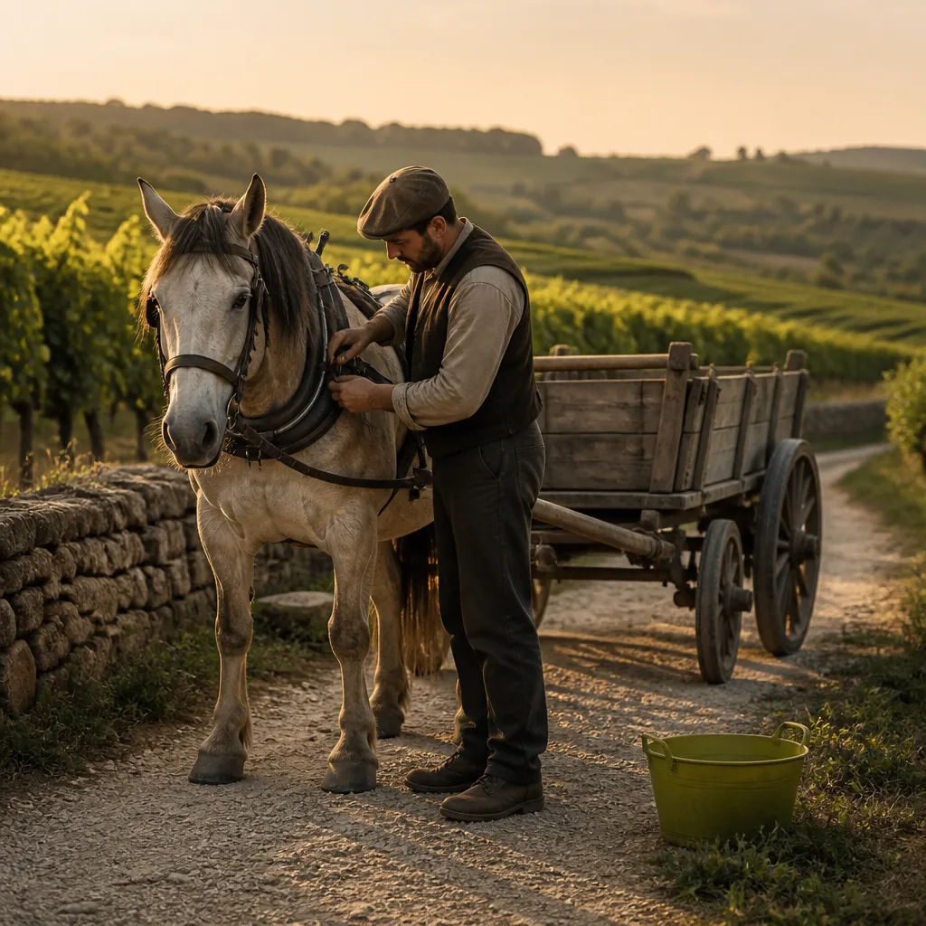 Calèche de l'attelage Beaune Passion prête pour une balade dans les vignes