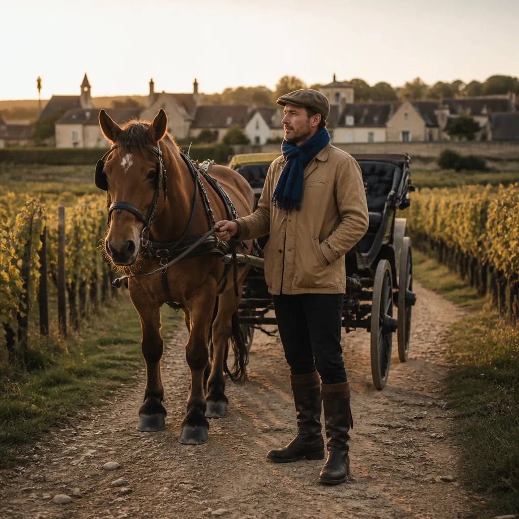 Calèche attelée à des chevaux serpentant entre les vignes de la Côte de Beaune