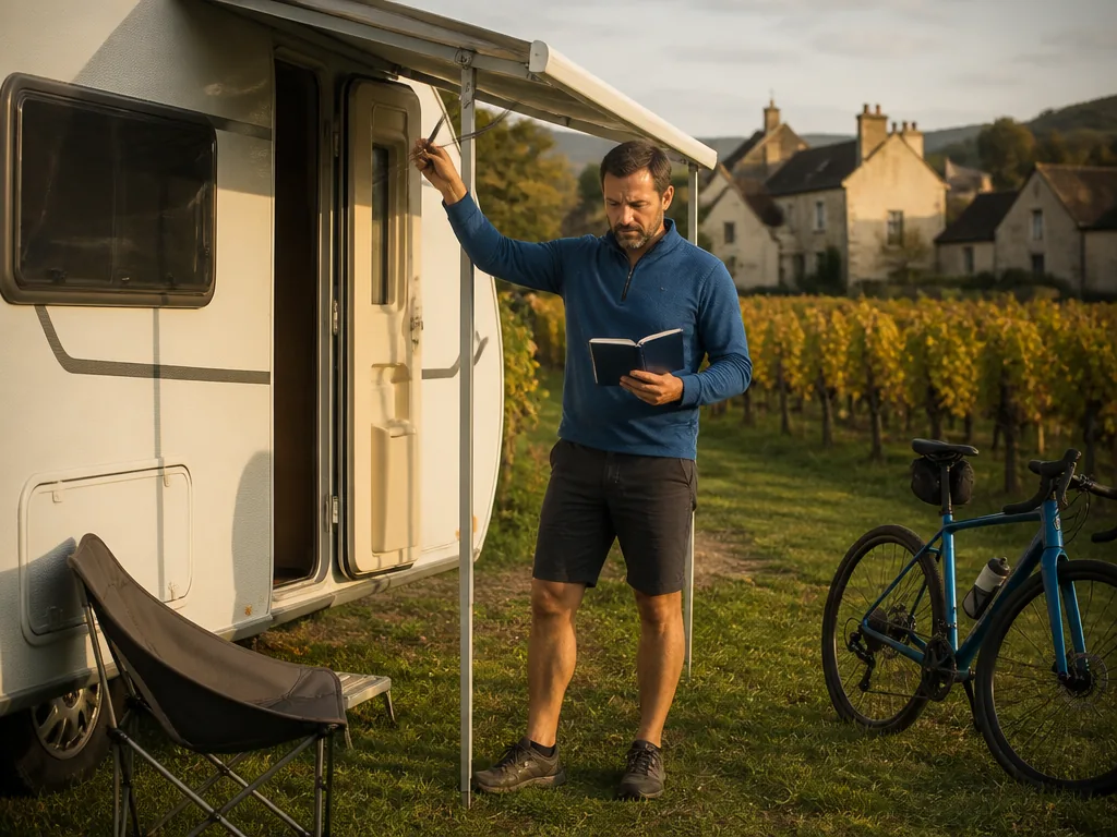 Caravane alignée sur un emplacement de camping entouré de vignes à Savigny-lès-Beaune