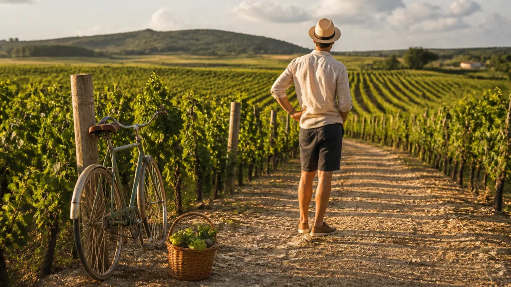Des vacanciers marchent entre les rangées de vignes près du camping
