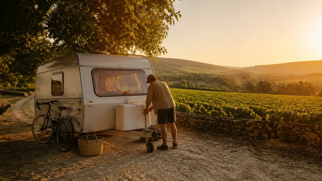Caravane installée sur un emplacement herbeux au camping de Savigny-lès-Beaune