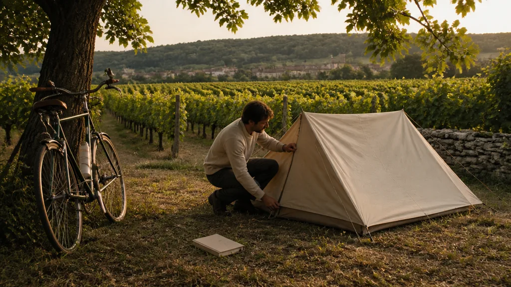 Tente installée sur un emplacement de camping sous les vignes de Savigny-lès-Beaune