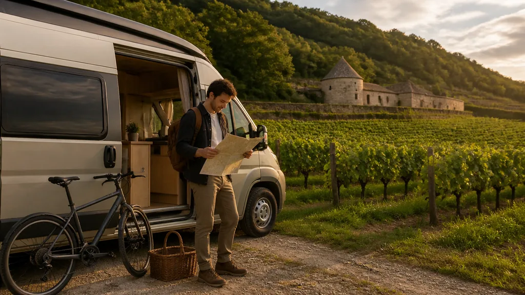 Camping-car sur son emplacement herbeux, en bordure des vignes à Savigny-lès-Beaune