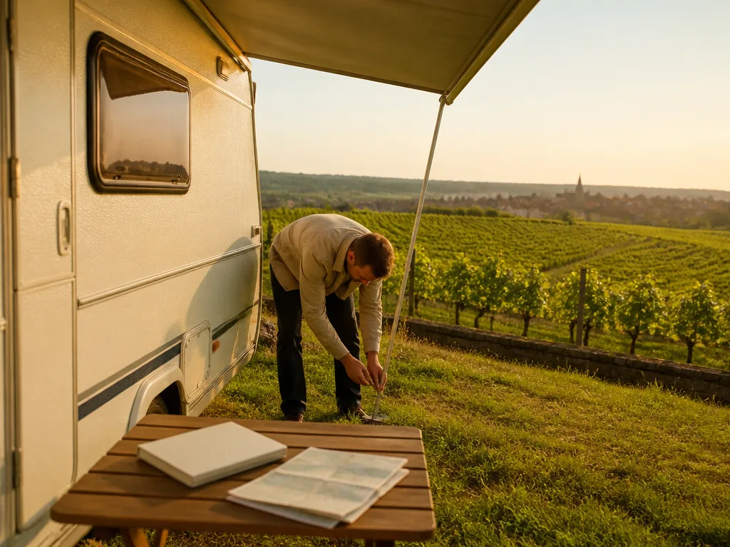 Caravane bien installée sur un emplacement spacieux avec arbres et table de pique-nique