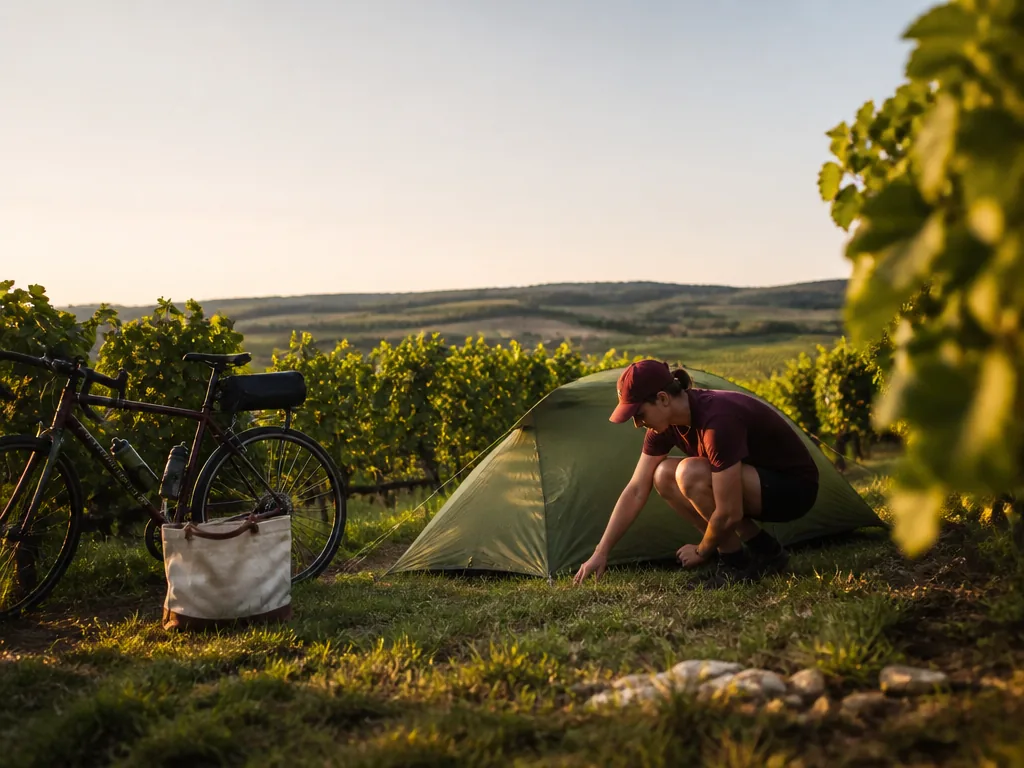 Tente installée sur parcelle herbeuse en Bourgogne avec chaises pliantes